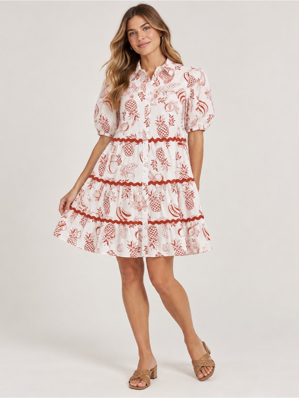Meadow Rhodes Fruit Print Tiered Shirt Dress White Red Cotton Size S Boho